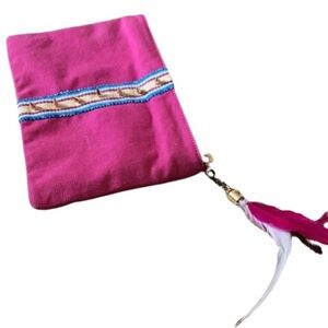 Pink bag metal studs feather clutch or cosmetic flat envelope style golden studs